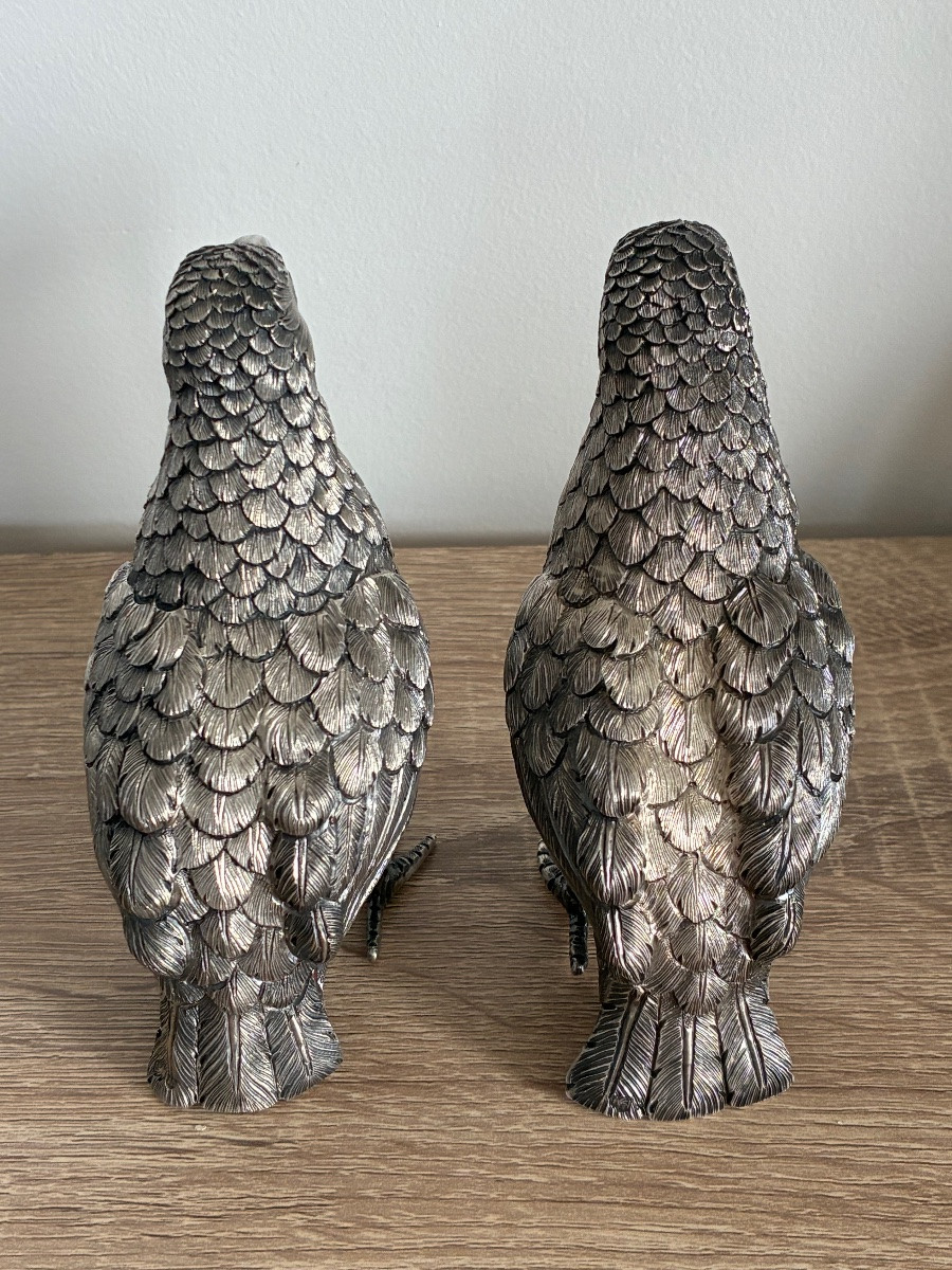 Animalier Pair Of Partridges In Solid Silver – Portuguese Work In The Style Of Luiz Ferreira -photo-2