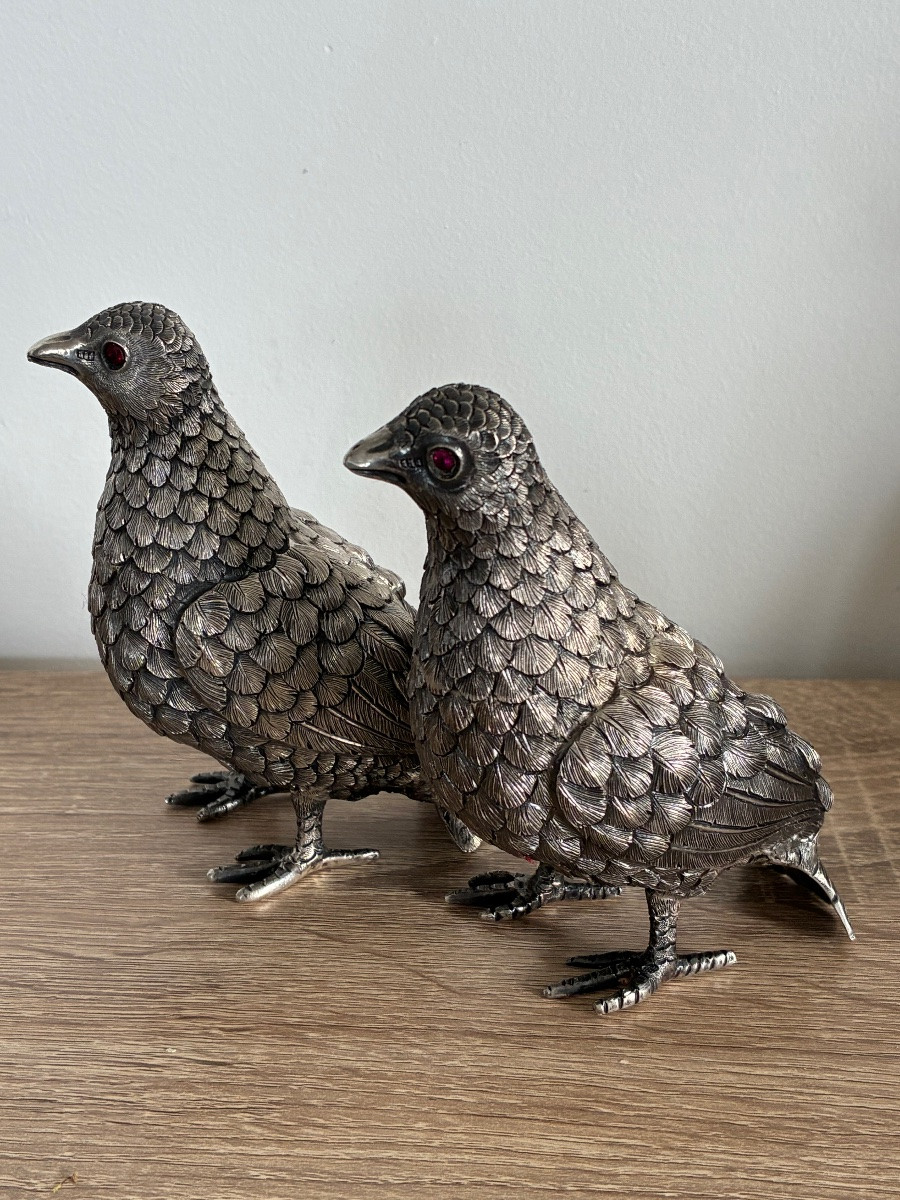Animalier Pair Of Partridges In Solid Silver – Portuguese Work In The Style Of Luiz Ferreira -photo-3