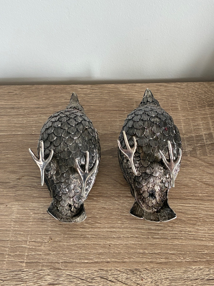 Animalier Pair Of Partridges In Solid Silver – Portuguese Work In The Style Of Luiz Ferreira -photo-1