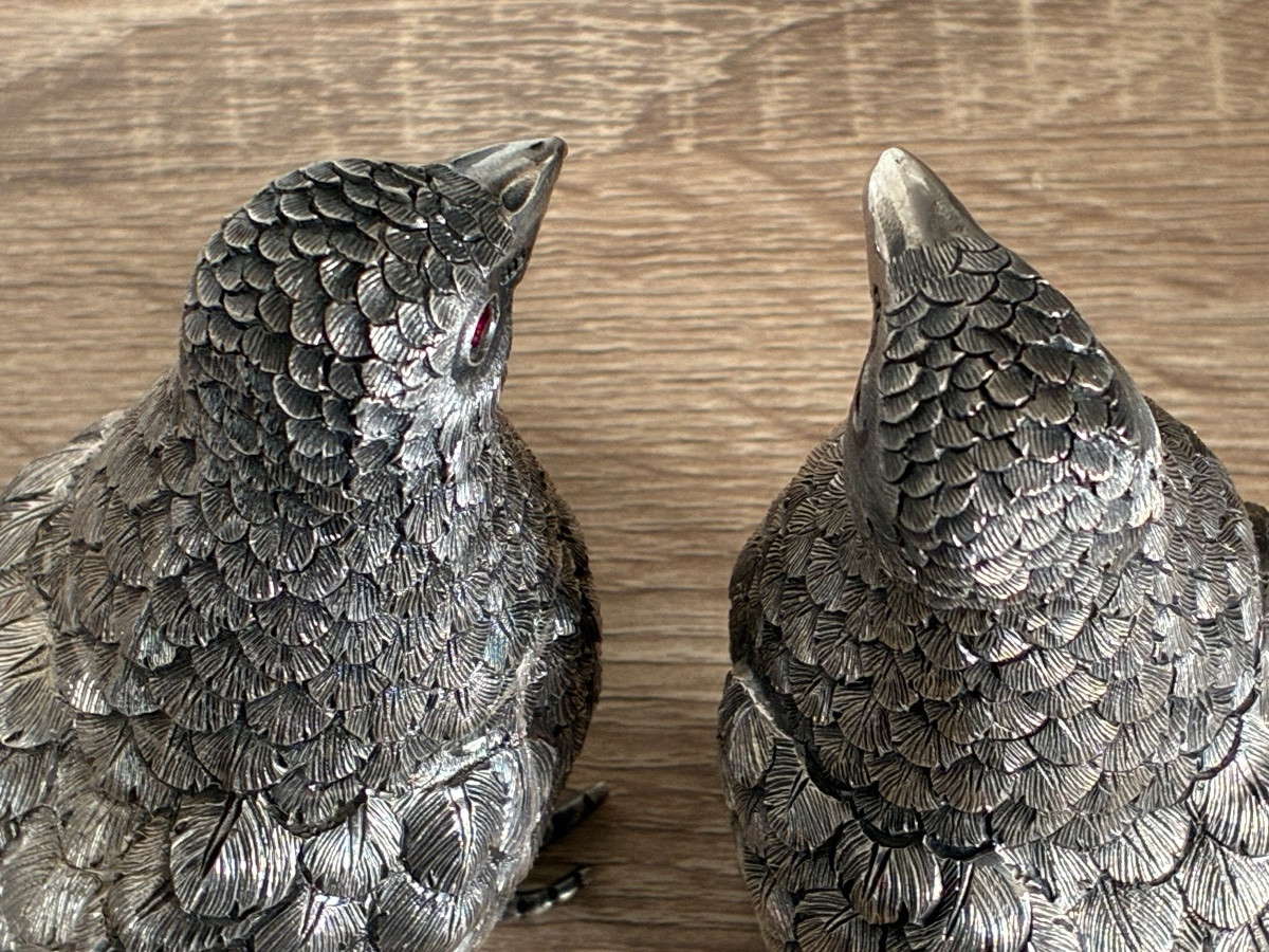 Animalier Pair Of Partridges In Solid Silver – Portuguese Work In The Style Of Luiz Ferreira -photo-2