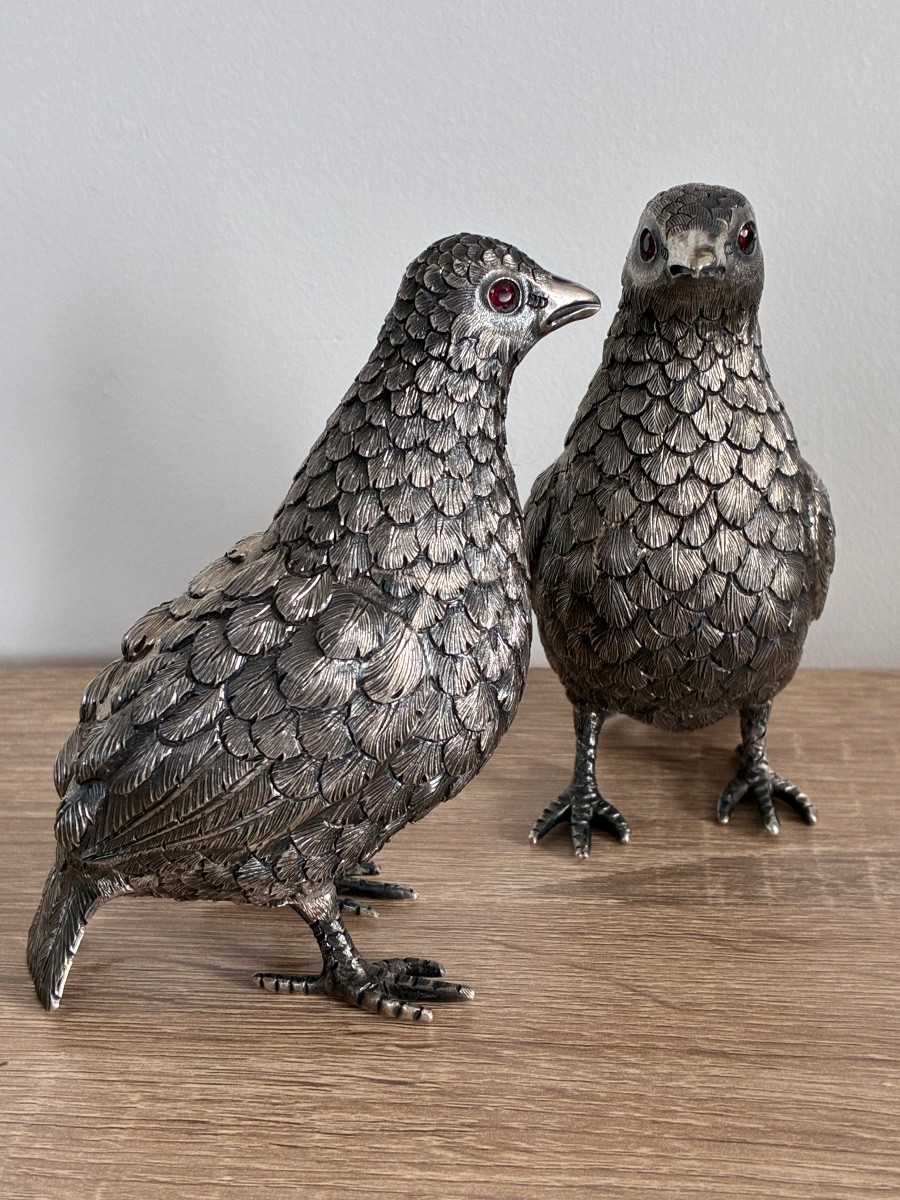 Animalier Pair Of Partridges In Solid Silver – Portuguese Work In The Style Of Luiz Ferreira -photo-4