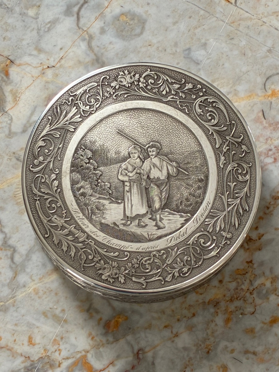 Large Round Solid Silver Box – Engraving “return From The Fields” After Debat-ponsan -photo-2