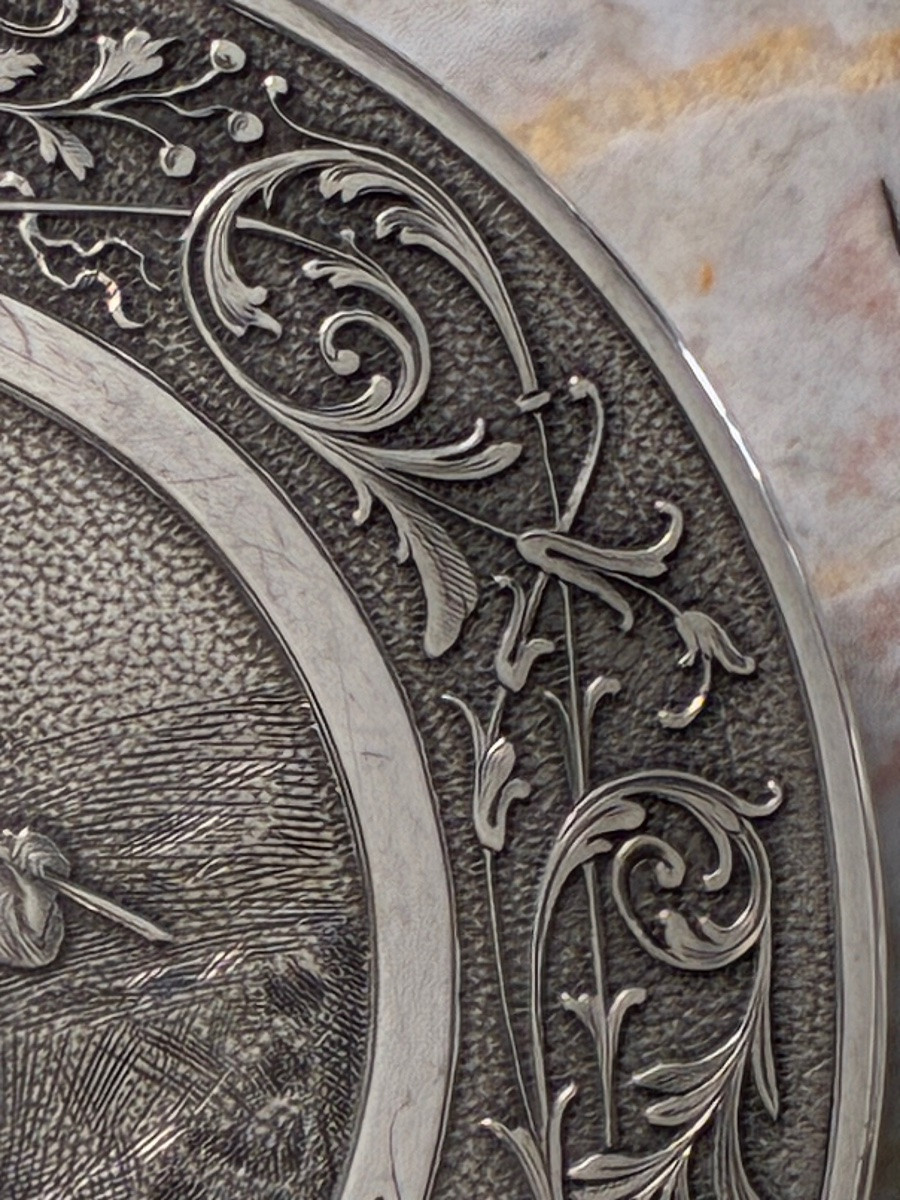 Large Round Solid Silver Box – Engraving “return From The Fields” After Debat-ponsan -photo-1