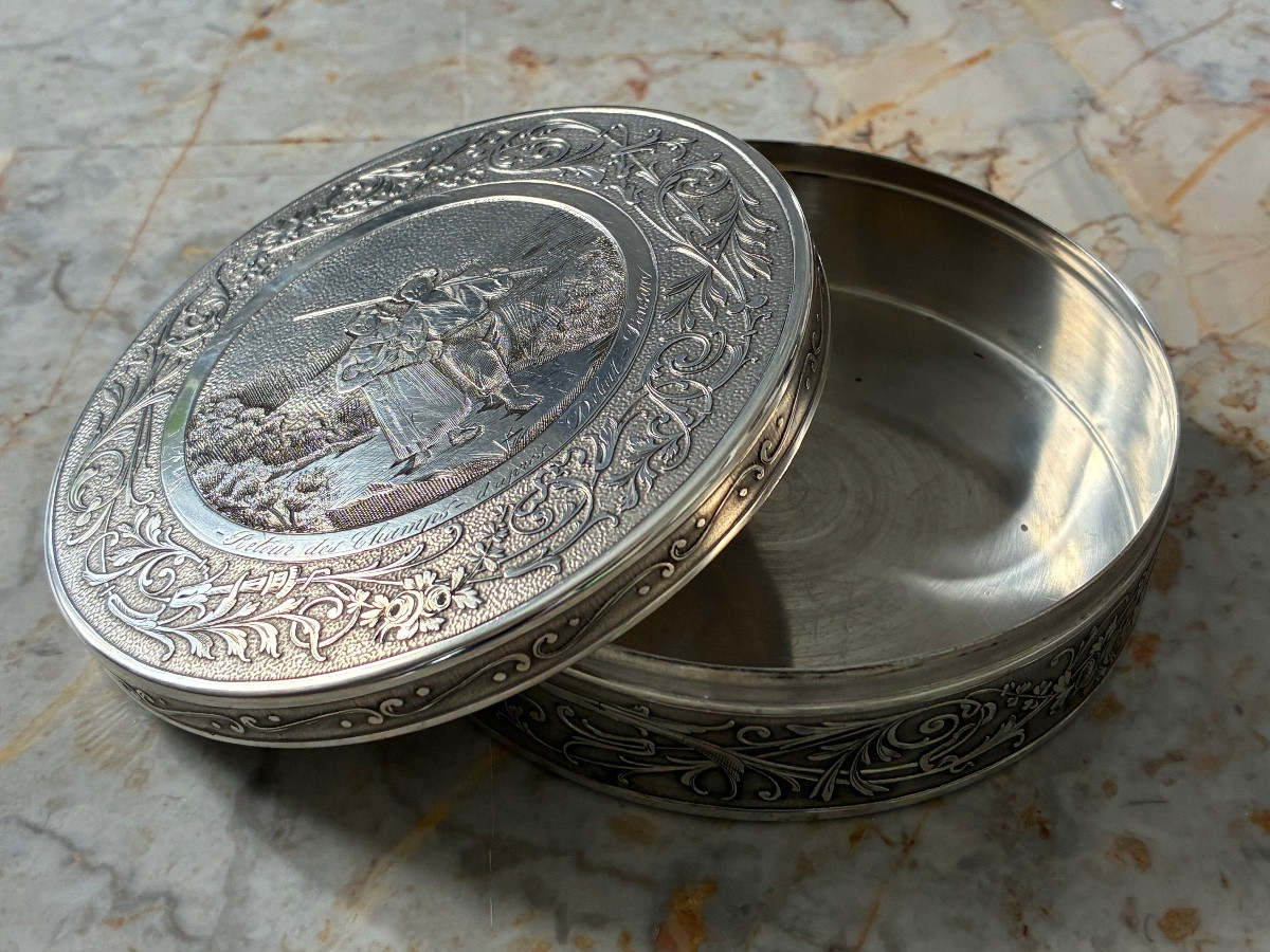 Large Round Solid Silver Box – Engraving “return From The Fields” After Debat-ponsan -photo-4