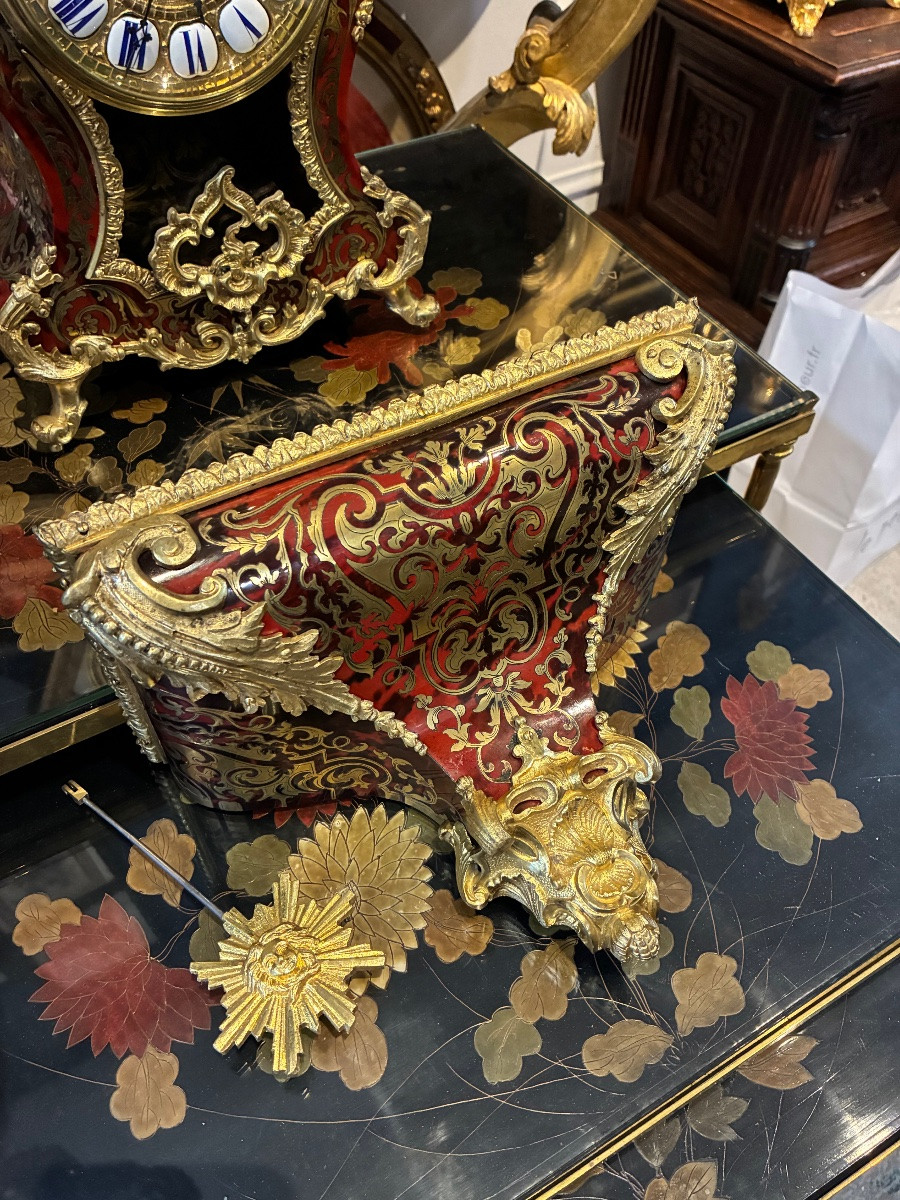 19th Century Boulle Marquetry Cartel Clock – Napoleon III Period – Sunburst Pendulum – 58 Cm-photo-2