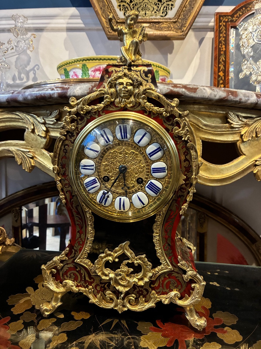 19th Century Boulle Marquetry Cartel Clock – Napoleon III Period – Sunburst Pendulum – 58 Cm-photo-3