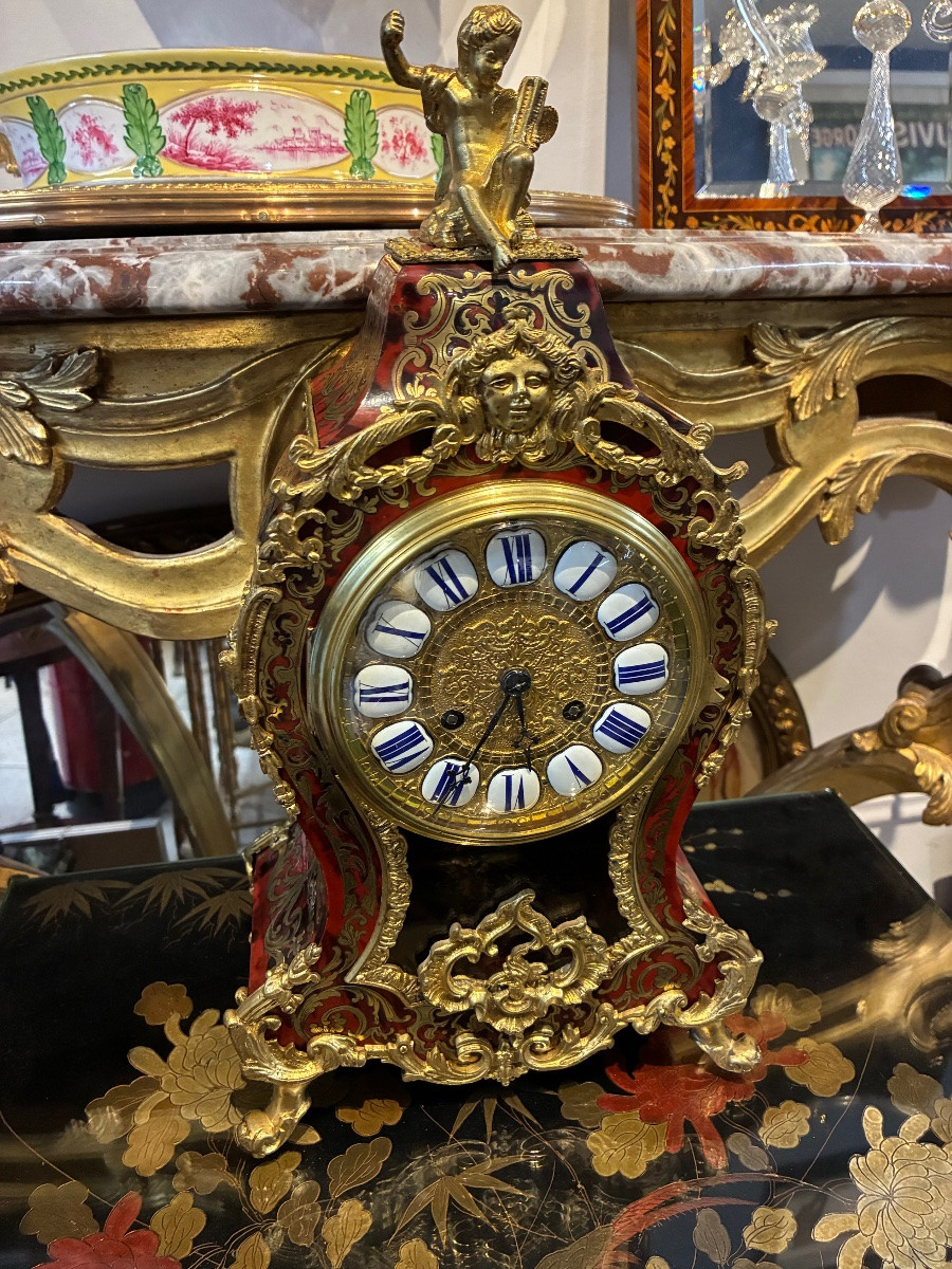 19th Century Boulle Marquetry Cartel Clock – Napoleon III Period – Sunburst Pendulum – 58 Cm-photo-4