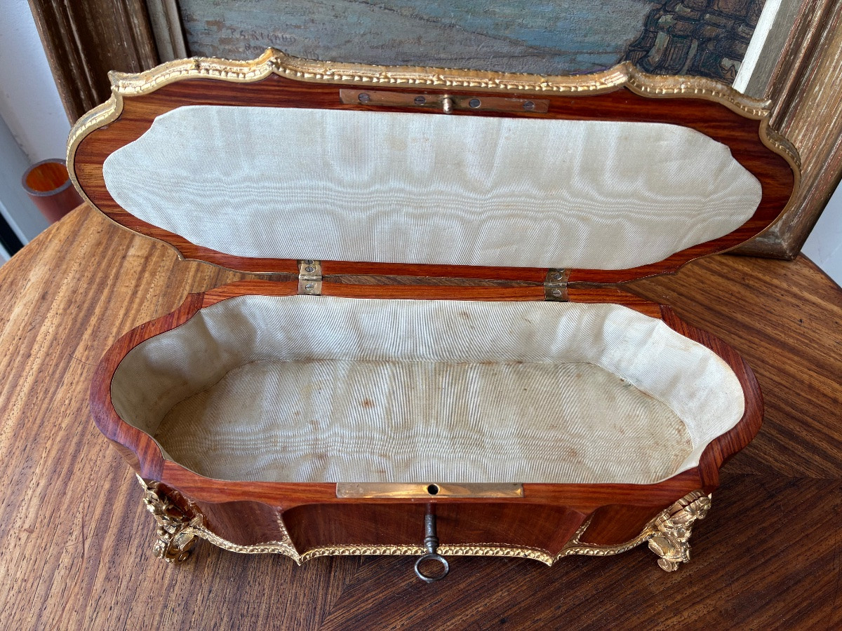 Glove Box From The Napoleon III Era, Geometric Marquetry, 19th Century, Crossbow Shape -photo-3