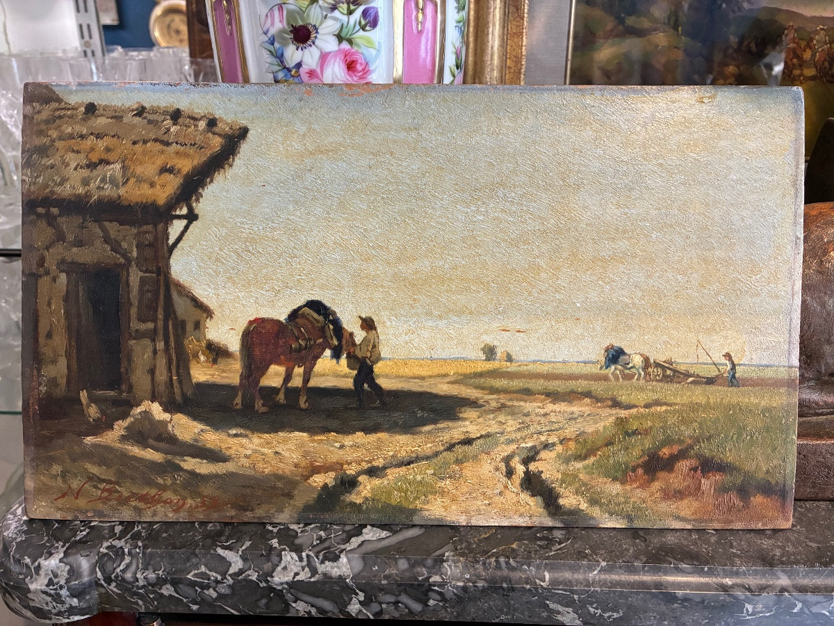 Hippolyte Nicolas Berthon (1831-1888) Rural Scene, 1859 Oil On Wood Panel, 19th Century