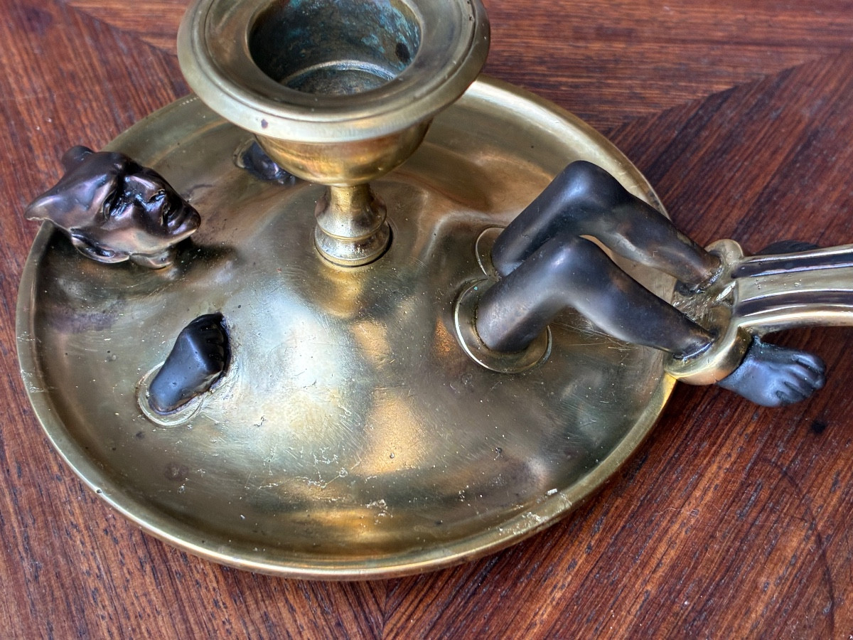 Figurative Hand Candlestick – Satyr/devil, Patinated Bronze – 19th Century-photo-1