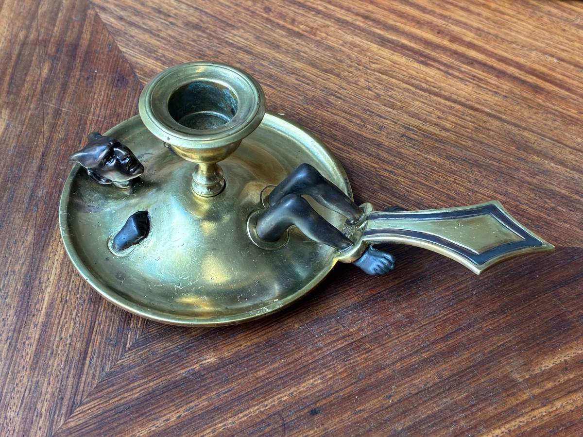 Figurative Hand Candlestick – Satyr/devil, Patinated Bronze – 19th Century