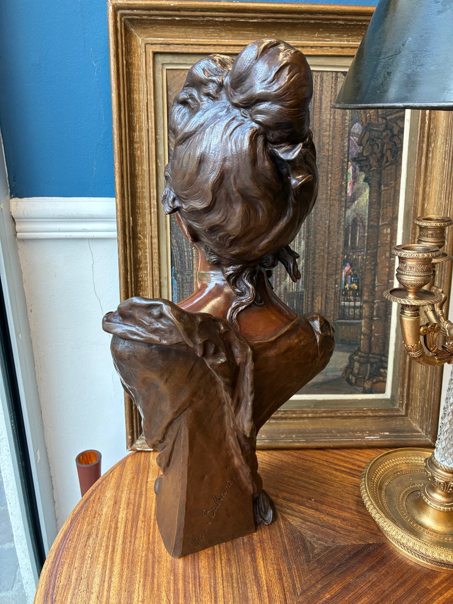 Bust Of A Young Woman – Patinated Bronze – Signed Luigi Baliani – Art Nouveau Period-photo-3