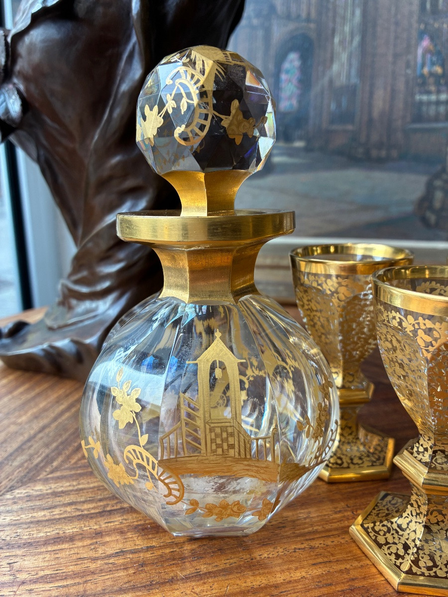 Harcourt Cut And Gilded Crystal Liqueur Service – Styptane Paris – Decanter And 3 Signed Glasses-photo-2