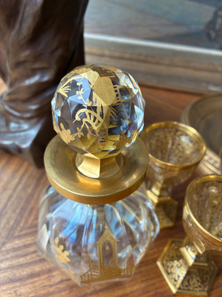 Harcourt Cut And Gilded Crystal Liqueur Service – Styptane Paris – Decanter And 3 Signed Glasses-photo-3