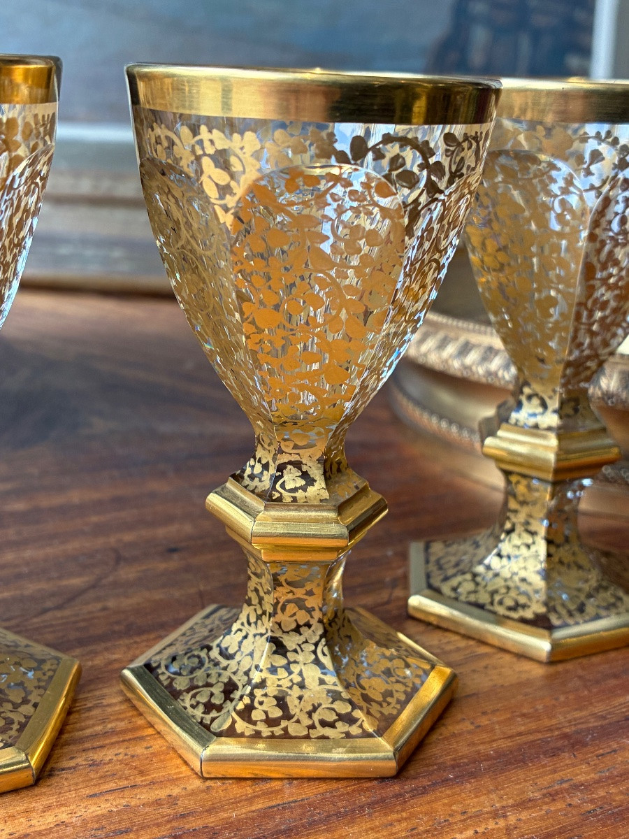 Harcourt Cut And Gilded Crystal Liqueur Service – Styptane Paris – Decanter And 3 Signed Glasses-photo-4
