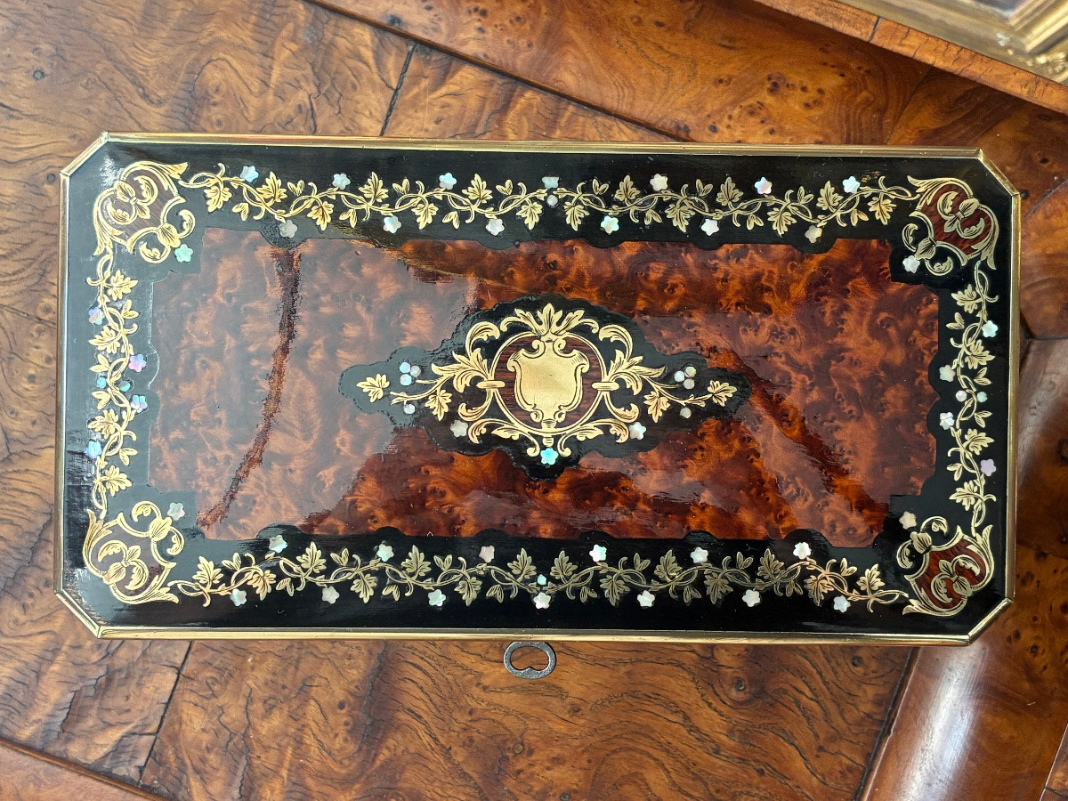 Coffret Boîte thé Napoléon III marqueterie laiton nacre loupe thuya Palais-Royal Bonhomme XIXe-photo-2