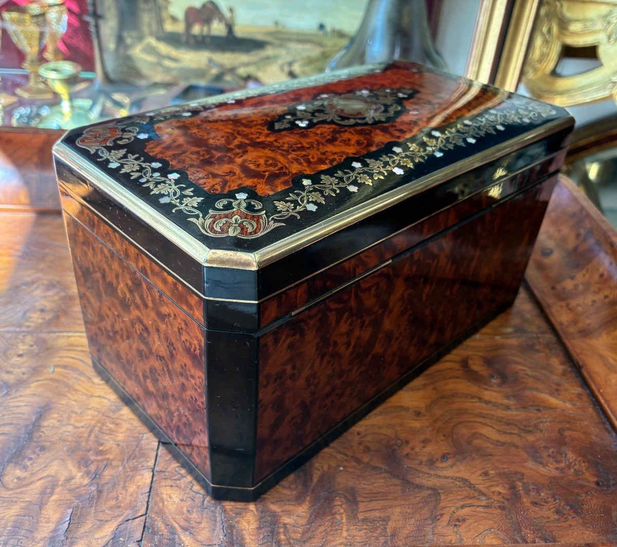 Coffret Boîte thé Napoléon III marqueterie laiton nacre loupe thuya Palais-Royal Bonhomme XIXe-photo-3