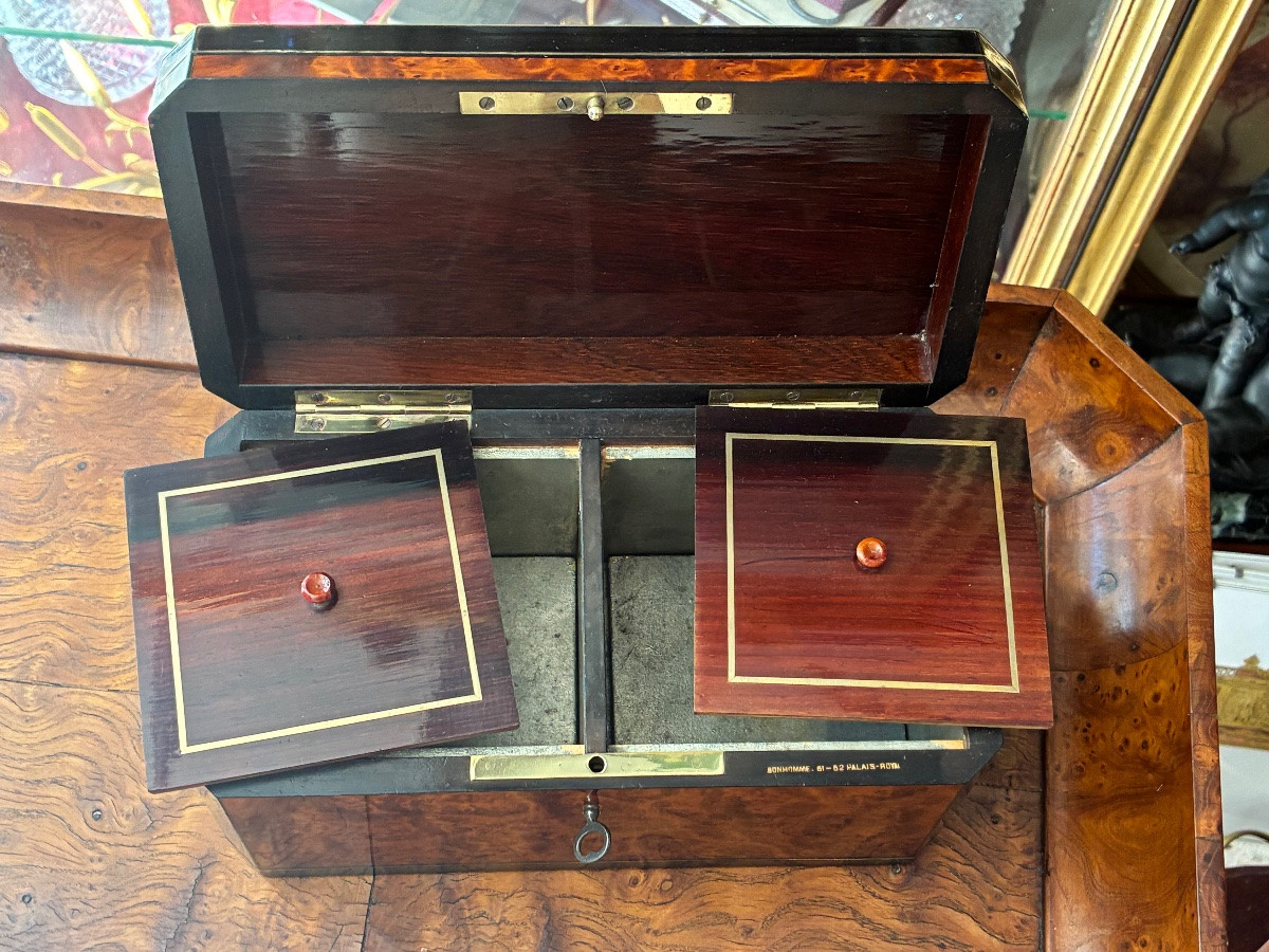 Coffret Boîte thé Napoléon III marqueterie laiton nacre loupe thuya Palais-Royal Bonhomme XIXe-photo-1