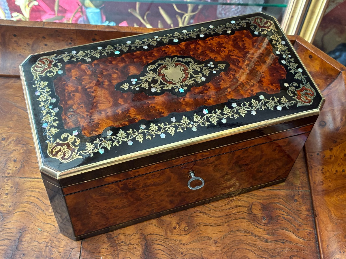 Coffret Boîte thé Napoléon III marqueterie laiton nacre loupe thuya Palais-Royal Bonhomme XIXe