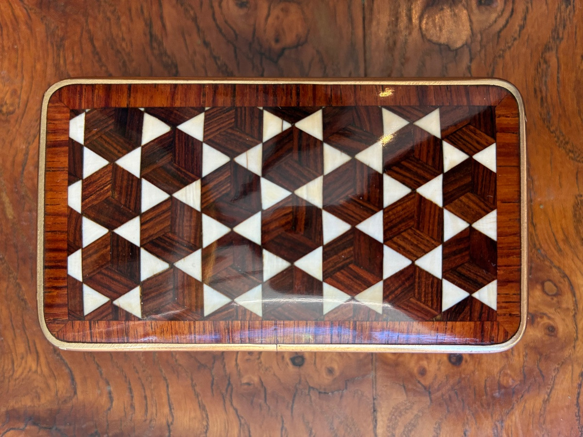 Boîte Napoléon III marqueterie géométrique bois de rose et os XIXe siècle-photo-4