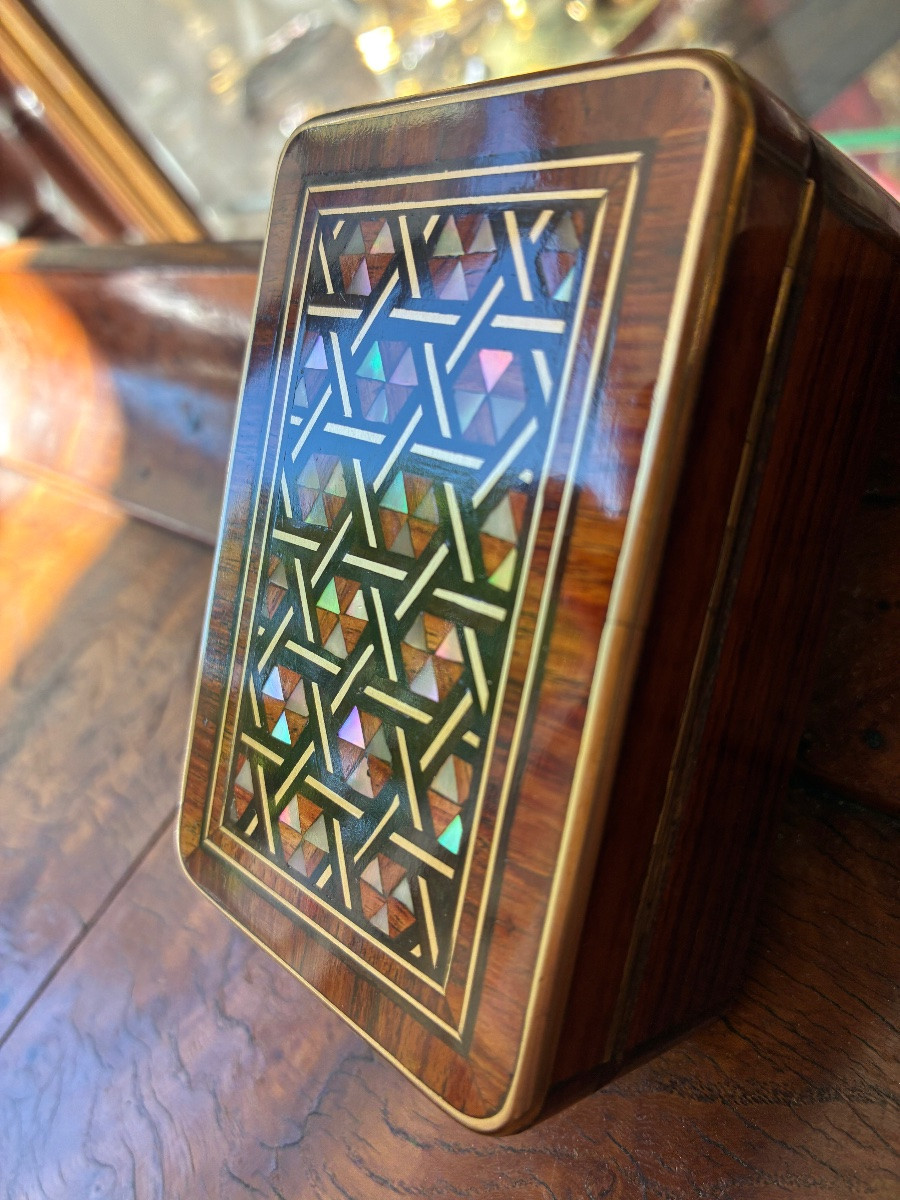 Boîte Napoléon III marqueterie géométrique bois de rose nacre et laiton XIXe-photo-4