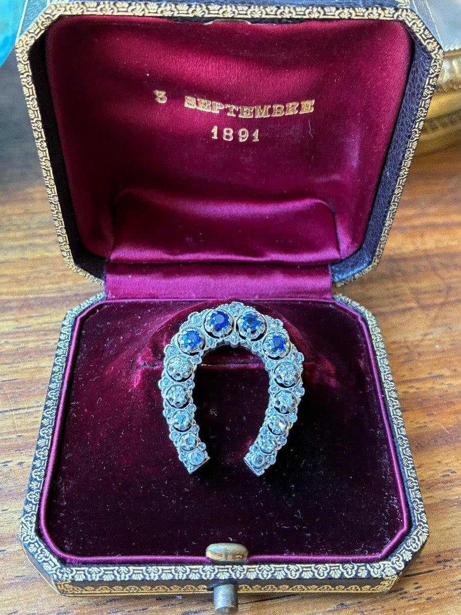 Antique 18k Gold Horseshoe Brooch, Diamonds And Sapphires - Belle époque-photo-2