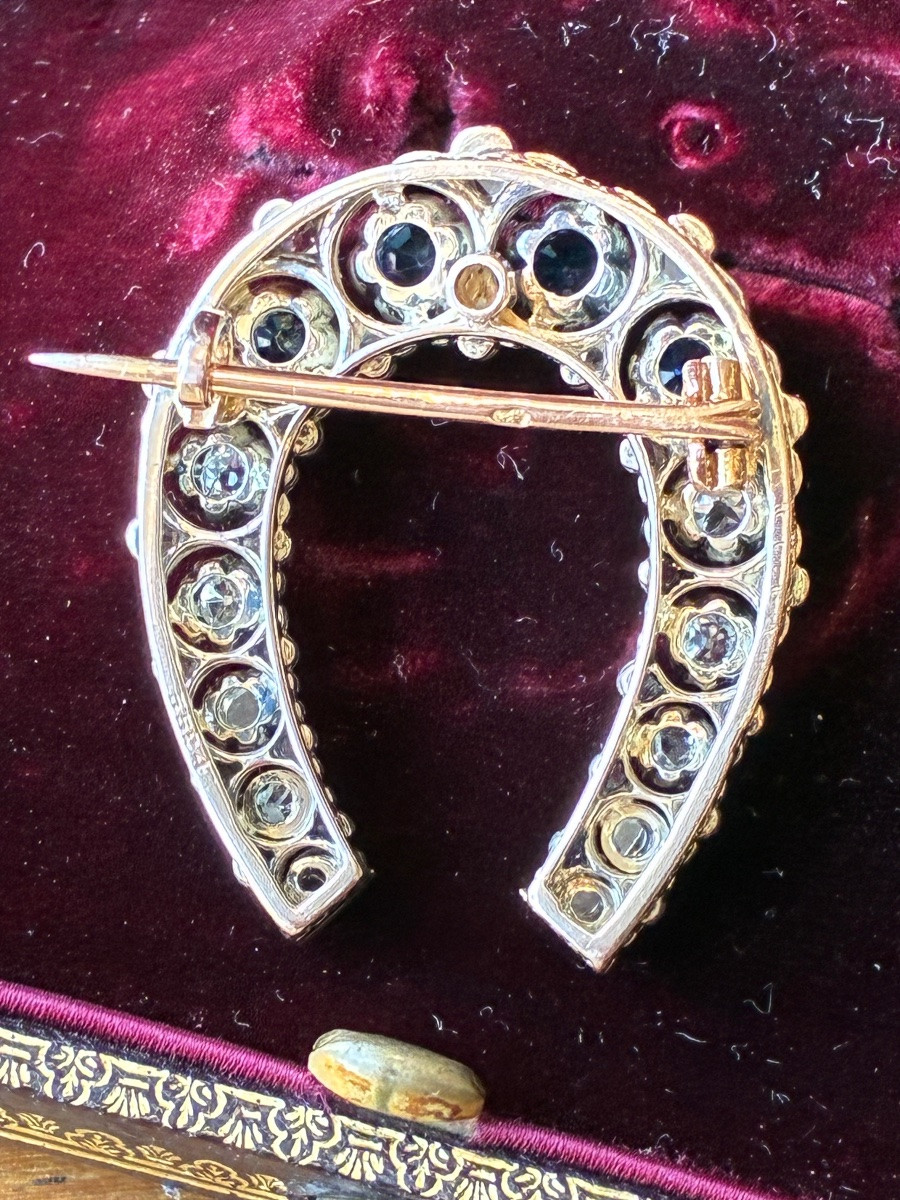 Antique 18k Gold Horseshoe Brooch, Diamonds And Sapphires - Belle époque-photo-3