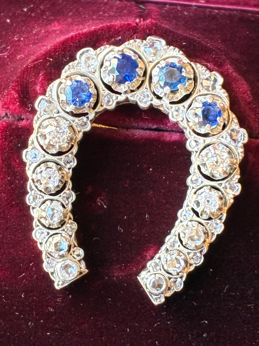 Antique 18k Gold Horseshoe Brooch, Diamonds And Sapphires - Belle époque-photo-1