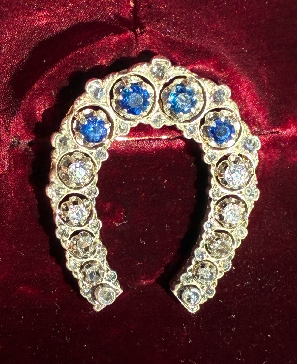 Antique 18k Gold Horseshoe Brooch, Diamonds And Sapphires - Belle époque
