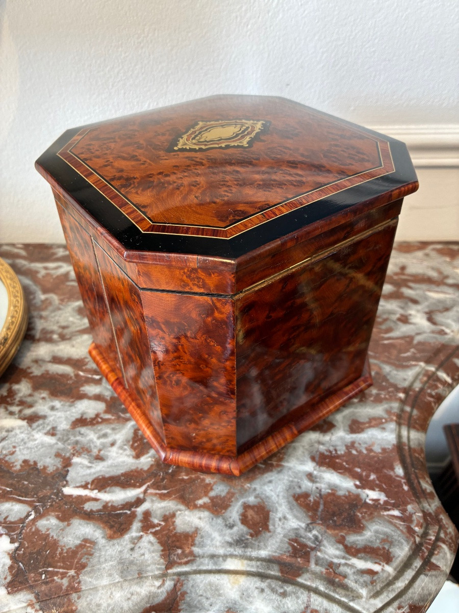 Cave à cigares Napoléon III en loupe de thuya – Coffret octogonal marqueterie XIXe siècle-photo-3