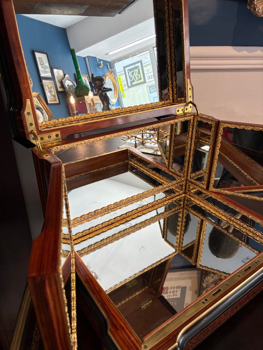 Grande cave à liqueur Ep Napoléon III marqueterie miroir Cristal baccarat, 6 carafes 30 verres-photo-5