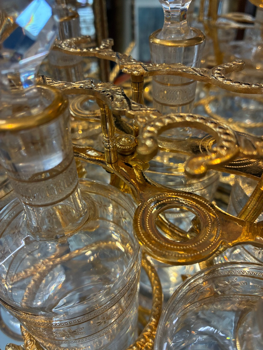 Grande cave à liqueur Ep Napoléon III marqueterie miroir Cristal baccarat, 6 carafes 30 verres-photo-6