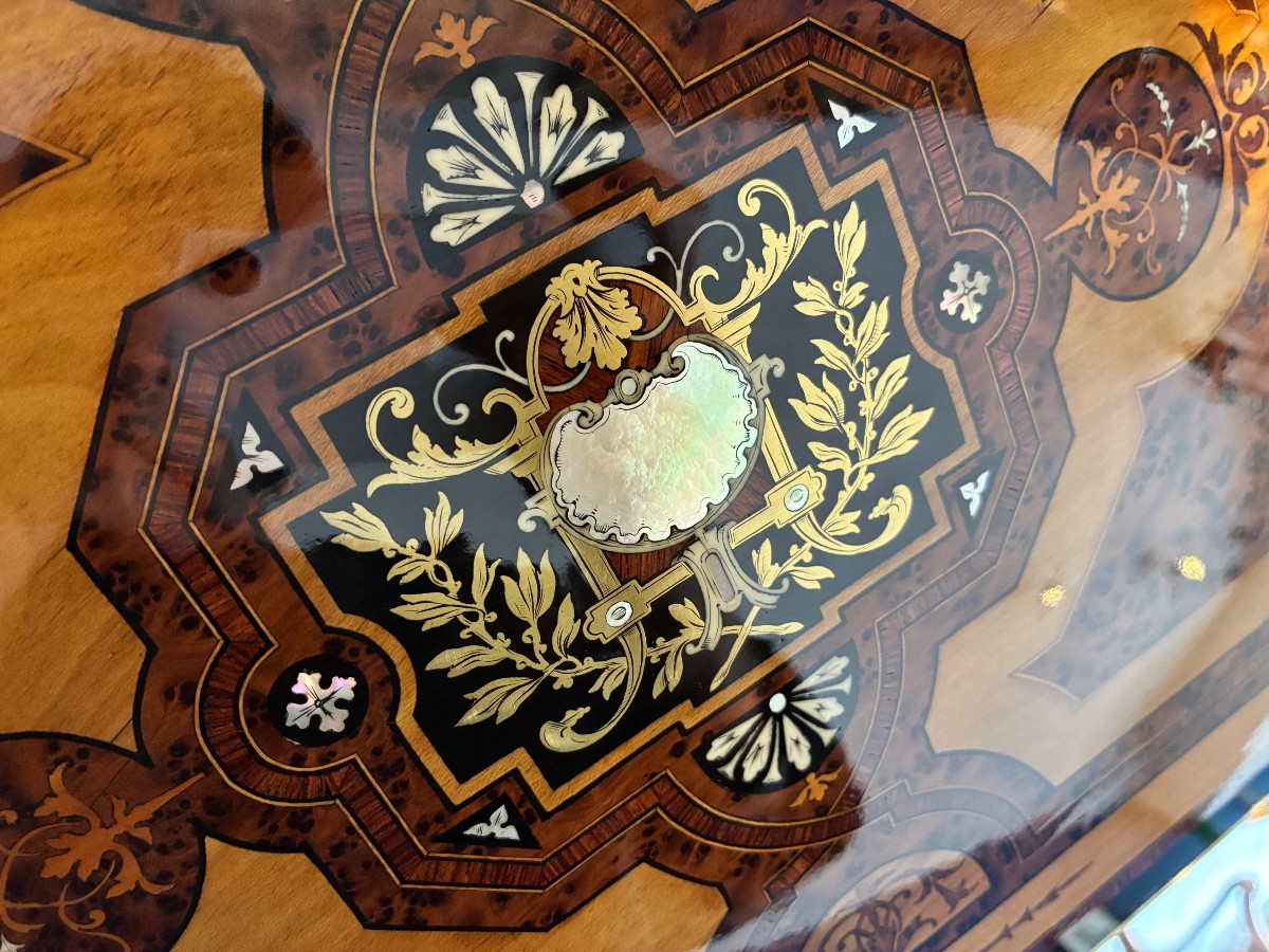 Grande cave à liqueur Ep Napoléon III marqueterie miroir Cristal baccarat, 6 carafes 30 verres-photo-3