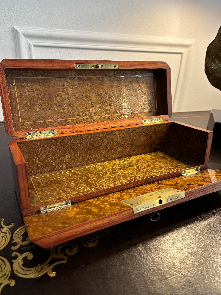 Napoleon III Rosewood Inlaid Glove Box, Signed Vervelle Paris