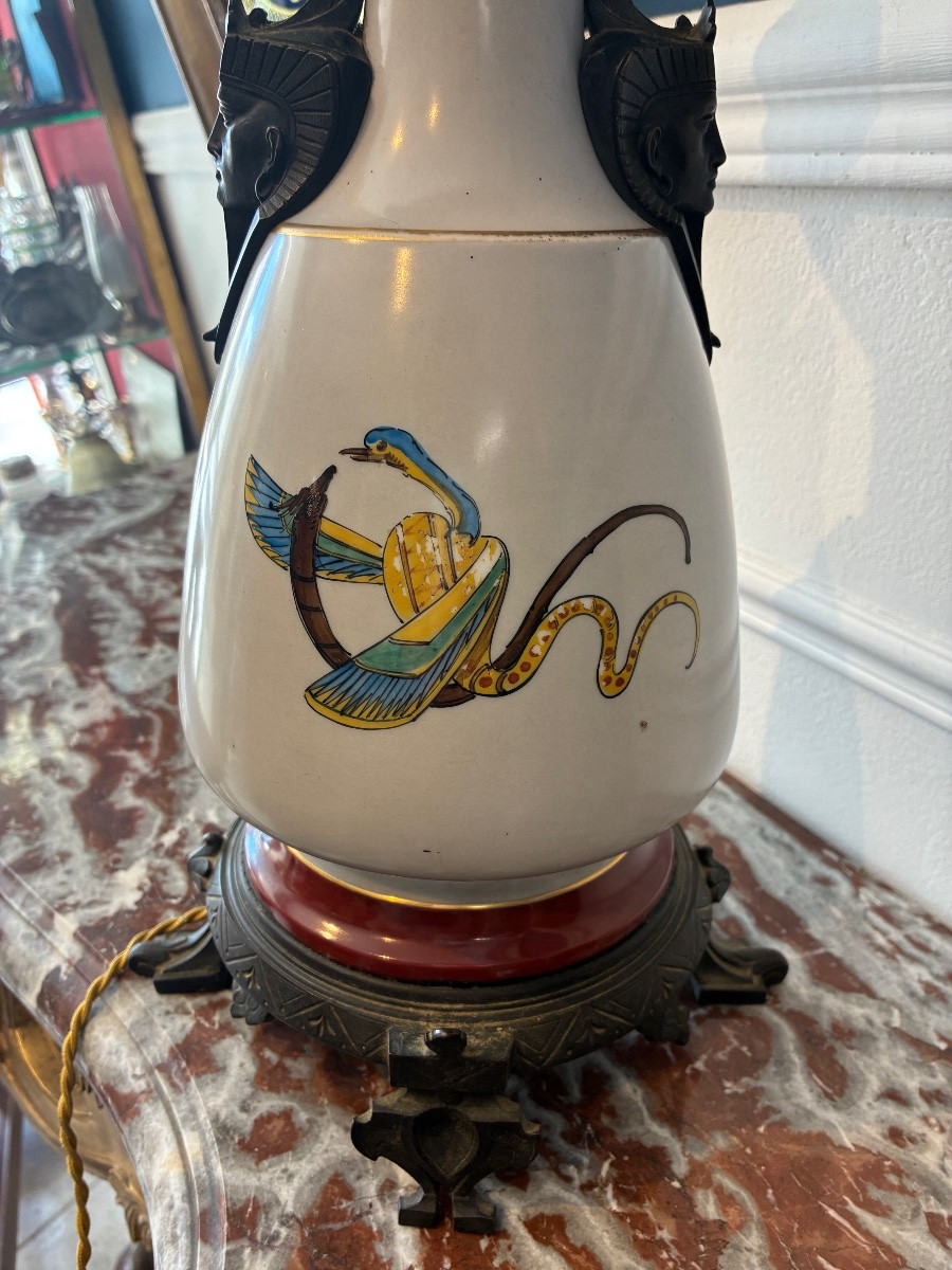 Neo-egyptian Lamp In Earthenware And Patinated Bronze - Napoleon III Period-photo-5