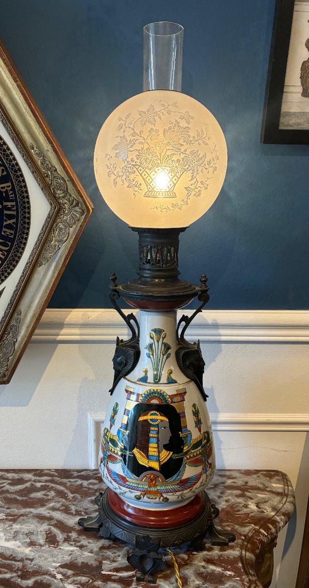 Neo-egyptian Lamp In Earthenware And Patinated Bronze - Napoleon III Period
