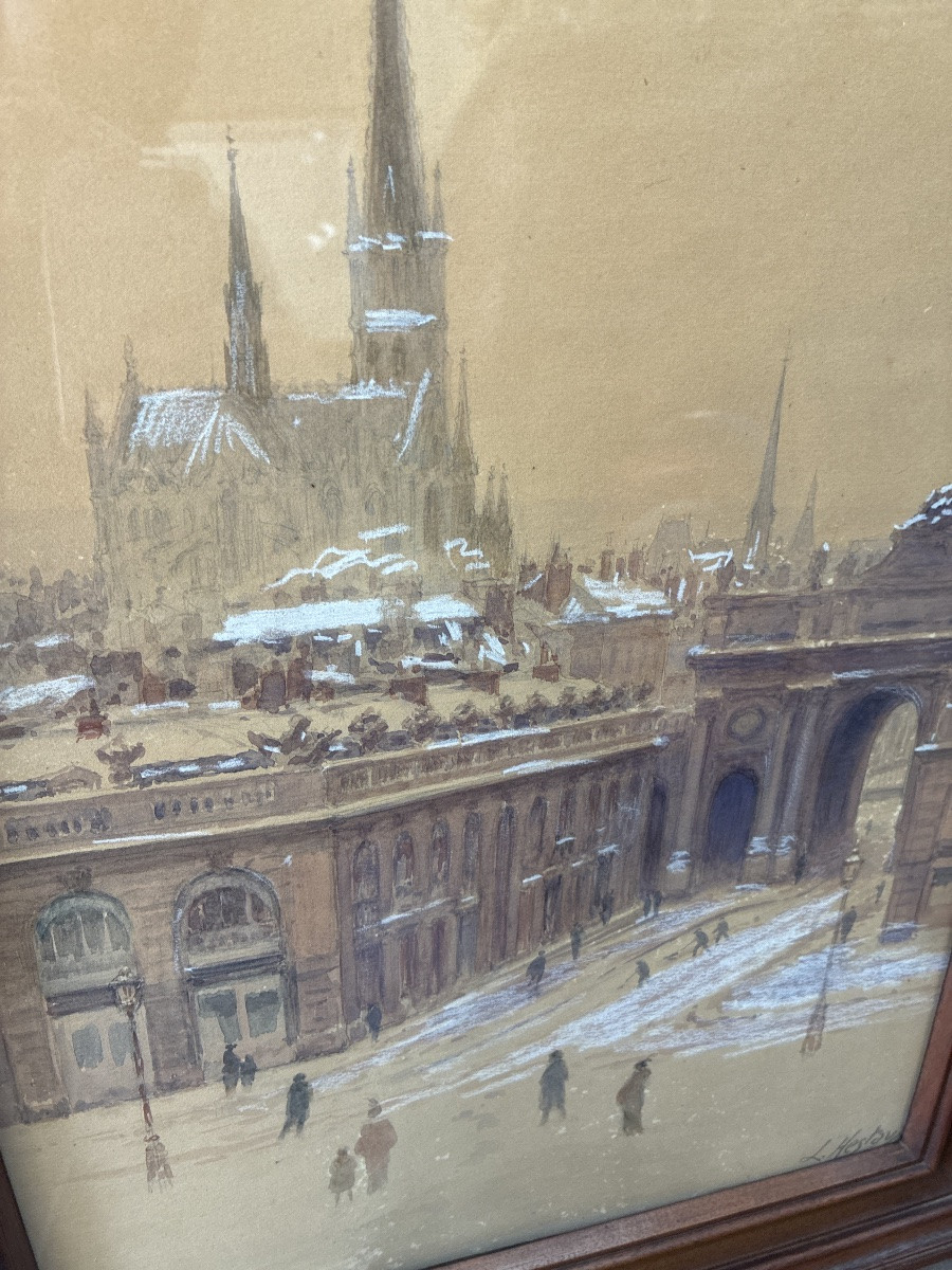 Louis Hestaux (1858-1919) - Animated View Of Paris Under The Snow, Watercolor And Charcoal-photo-2