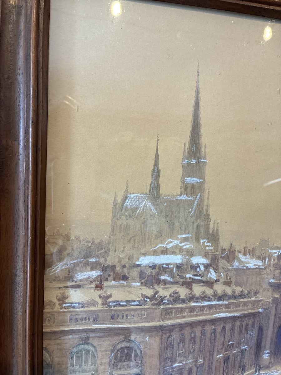 Louis Hestaux (1858-1919) - Animated View Of Paris Under The Snow, Watercolor And Charcoal-photo-1