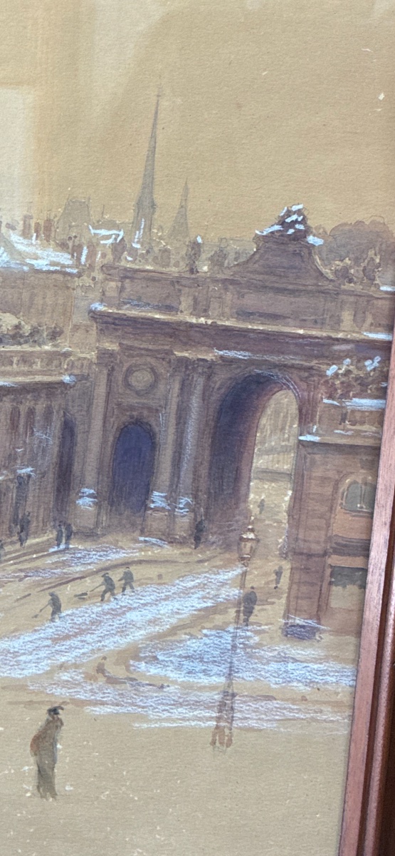 Louis Hestaux (1858-1919) - Animated View Of Paris Under The Snow, Watercolor And Charcoal-photo-2