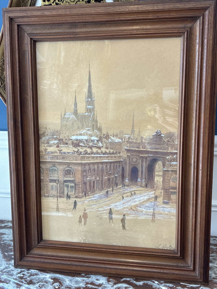 Louis Hestaux (1858-1919) - Animated View Of Paris Under The Snow, Watercolor And Charcoal