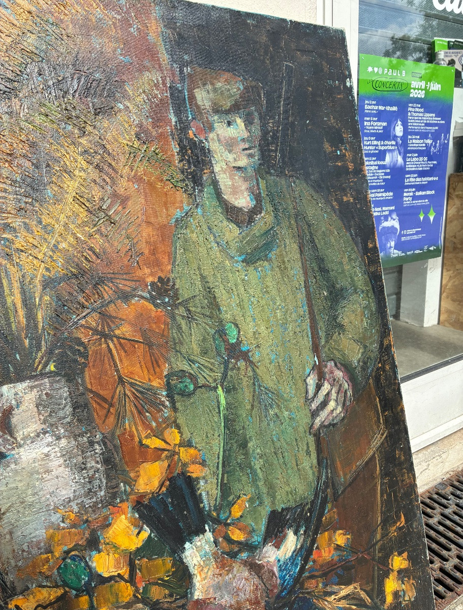 Marguerite Bermond – “Le Chasseur” – Grande huile moderniste vers 1960-photo-1