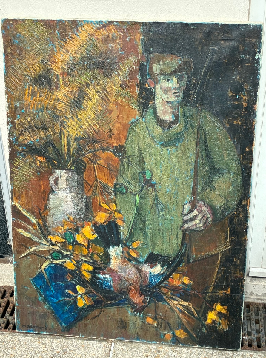 Marguerite Bermond – “Le Chasseur” – Grande huile moderniste vers 1960
