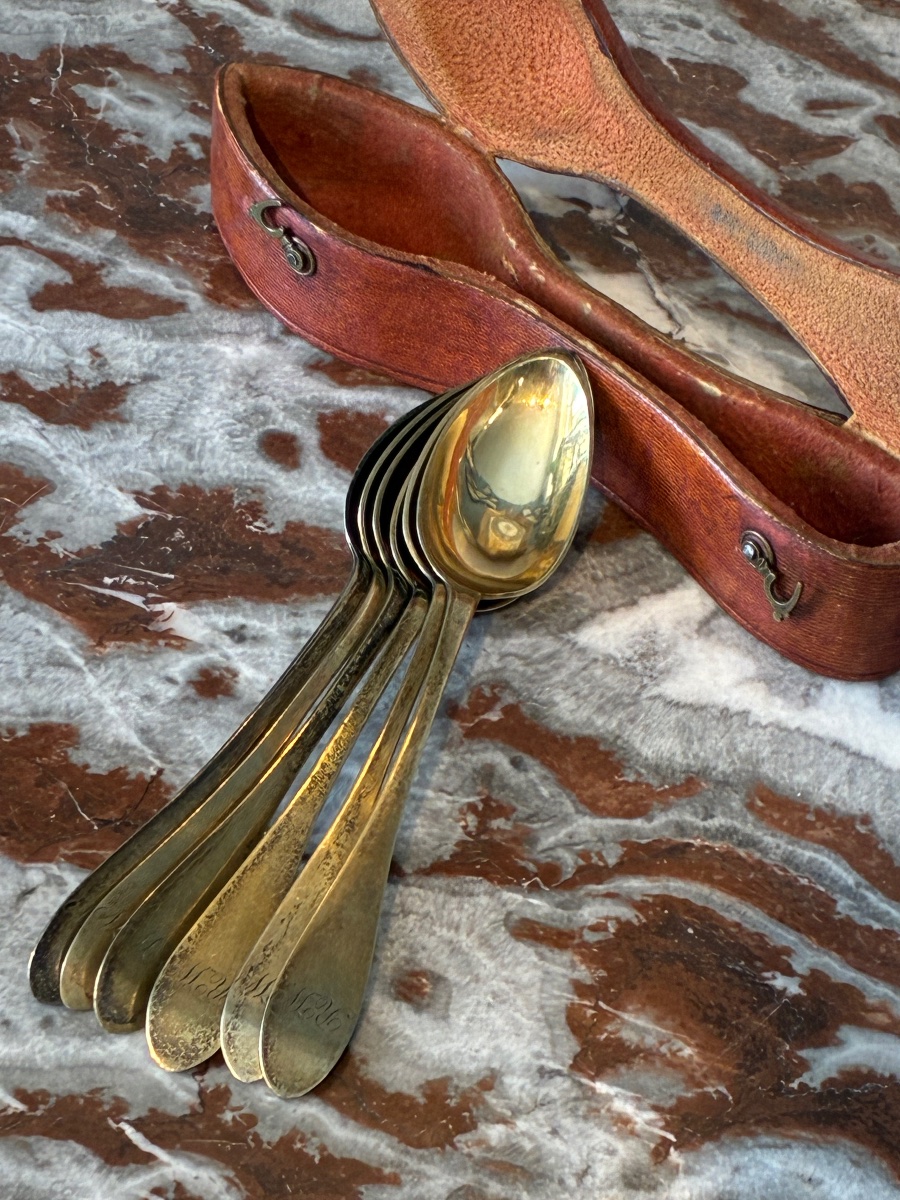 6 Cuillères en Vermeil Argent dans leur Écrin d’Origine, Époque Consulat Empire -photo-2