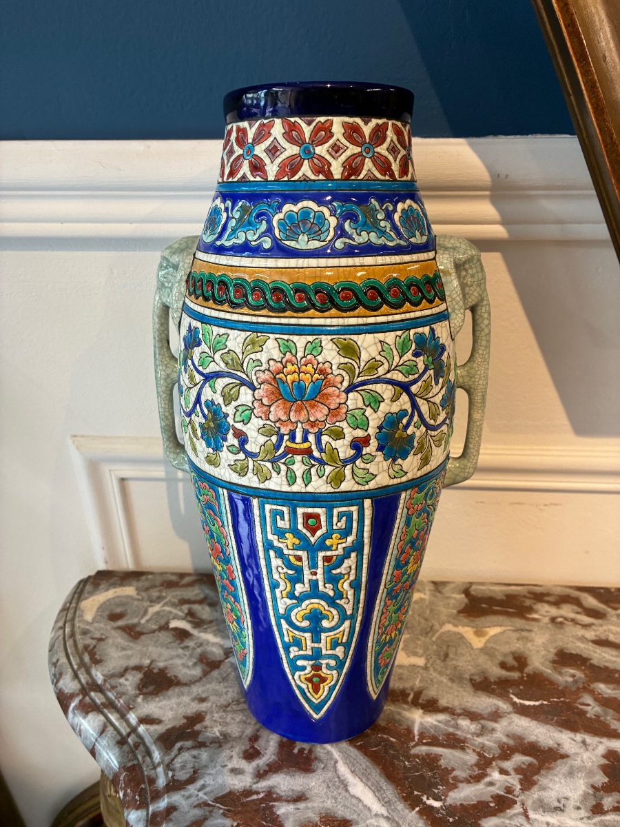 Vase In Longwy Earthenware With Cloisonné Decoration And Elephant Handles - Art Deco, Circa 1920-photo-2