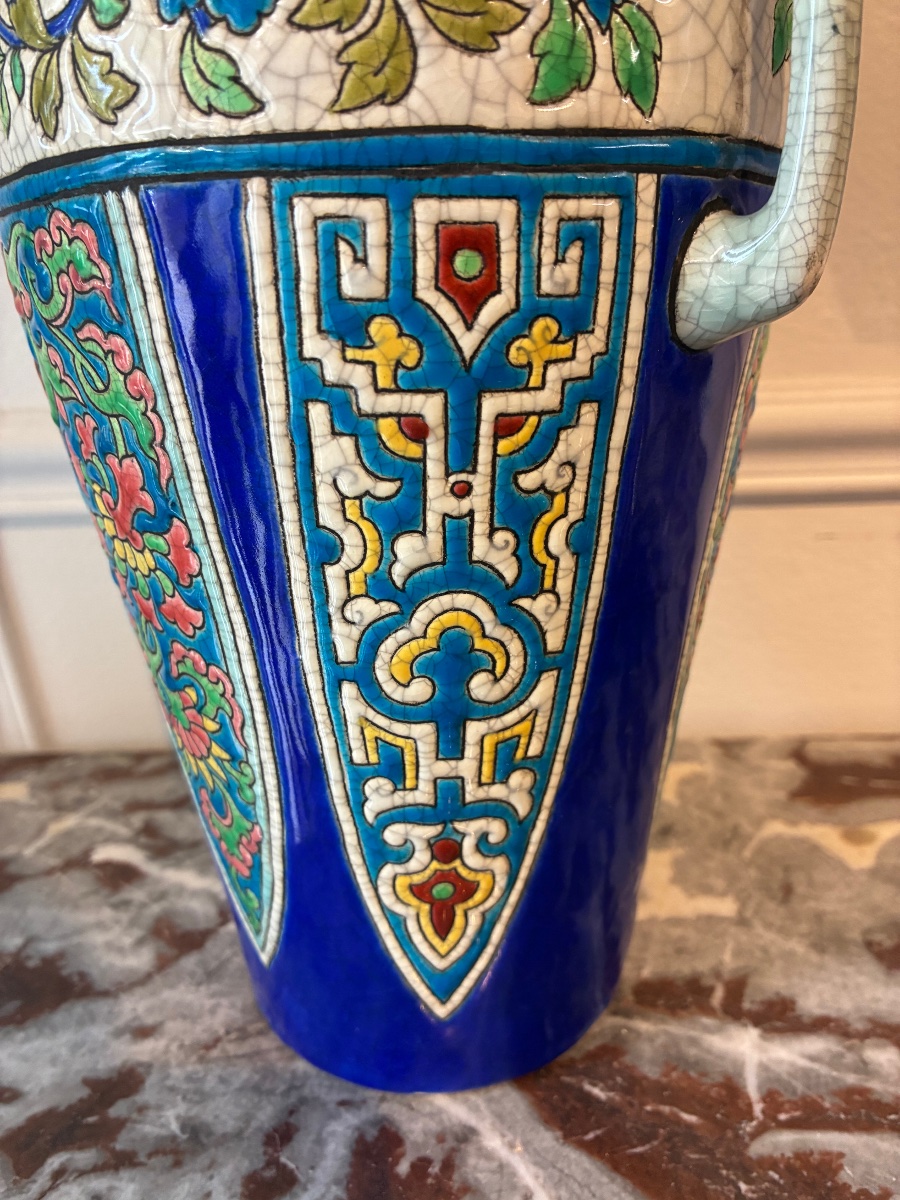 Vase In Longwy Earthenware With Cloisonné Decoration And Elephant Handles - Art Deco, Circa 1920-photo-4