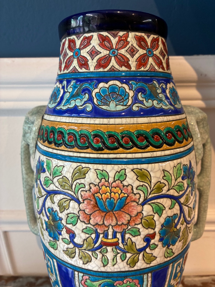 Vase In Longwy Earthenware With Cloisonné Decoration And Elephant Handles - Art Deco, Circa 1920-photo-1