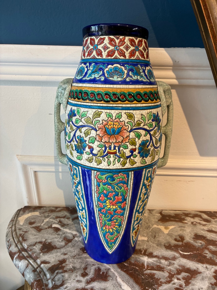 Vase In Longwy Earthenware With Cloisonné Decoration And Elephant Handles - Art Deco, Circa 1920