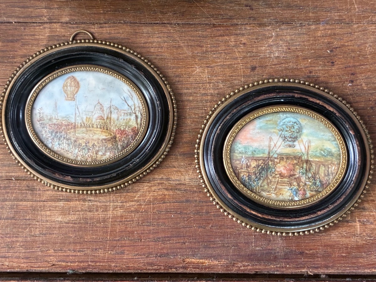 Pair Of Ivory Miniatures Signed By Boily – The First Hot-air Balloons And Aerostats From 1783