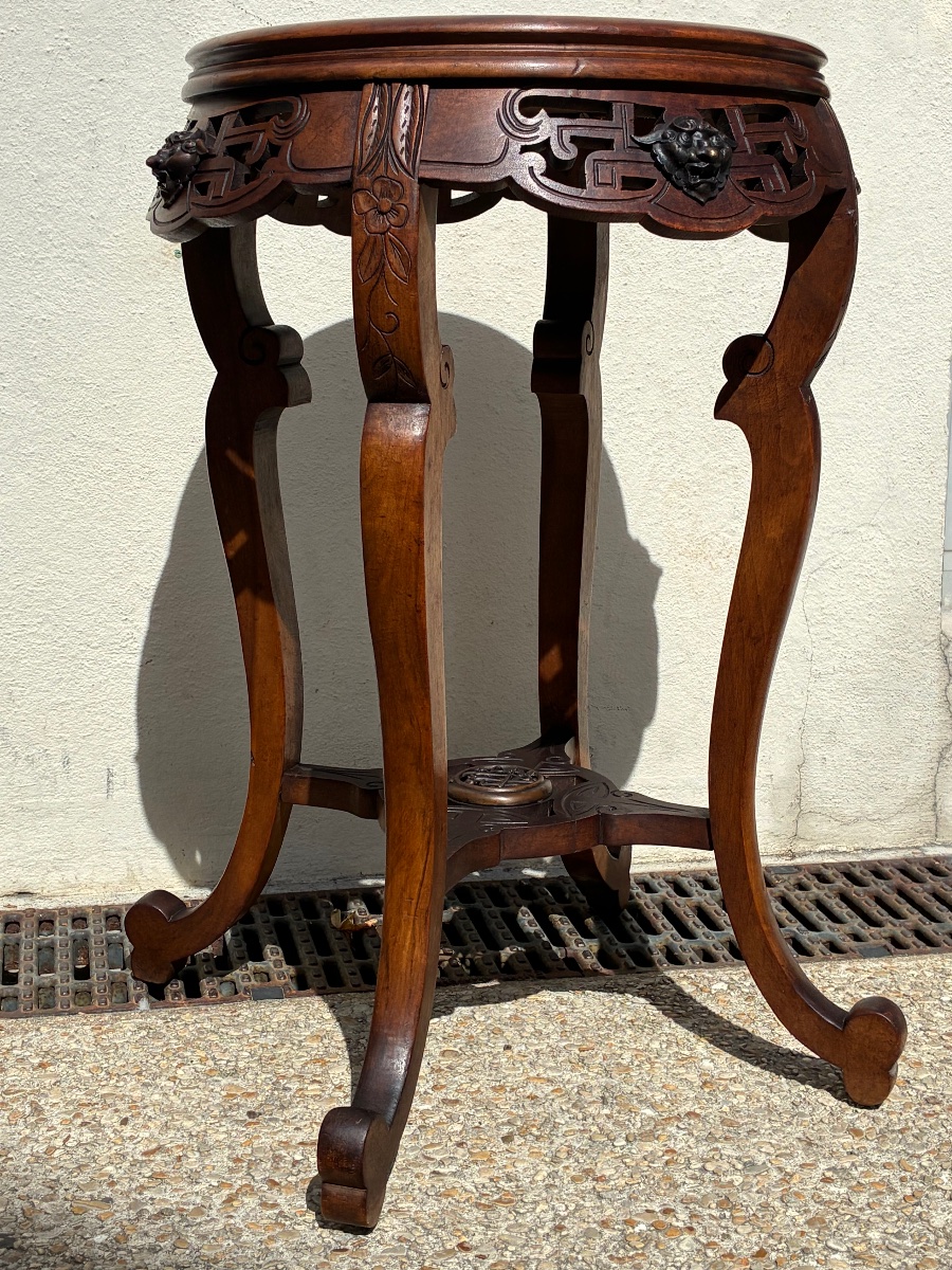 Guéridon Sellette Japonisant En Noyer Sculpté Ø 50 cm – Goût Gabriel Viardot – XIXe Siècle-photo-2