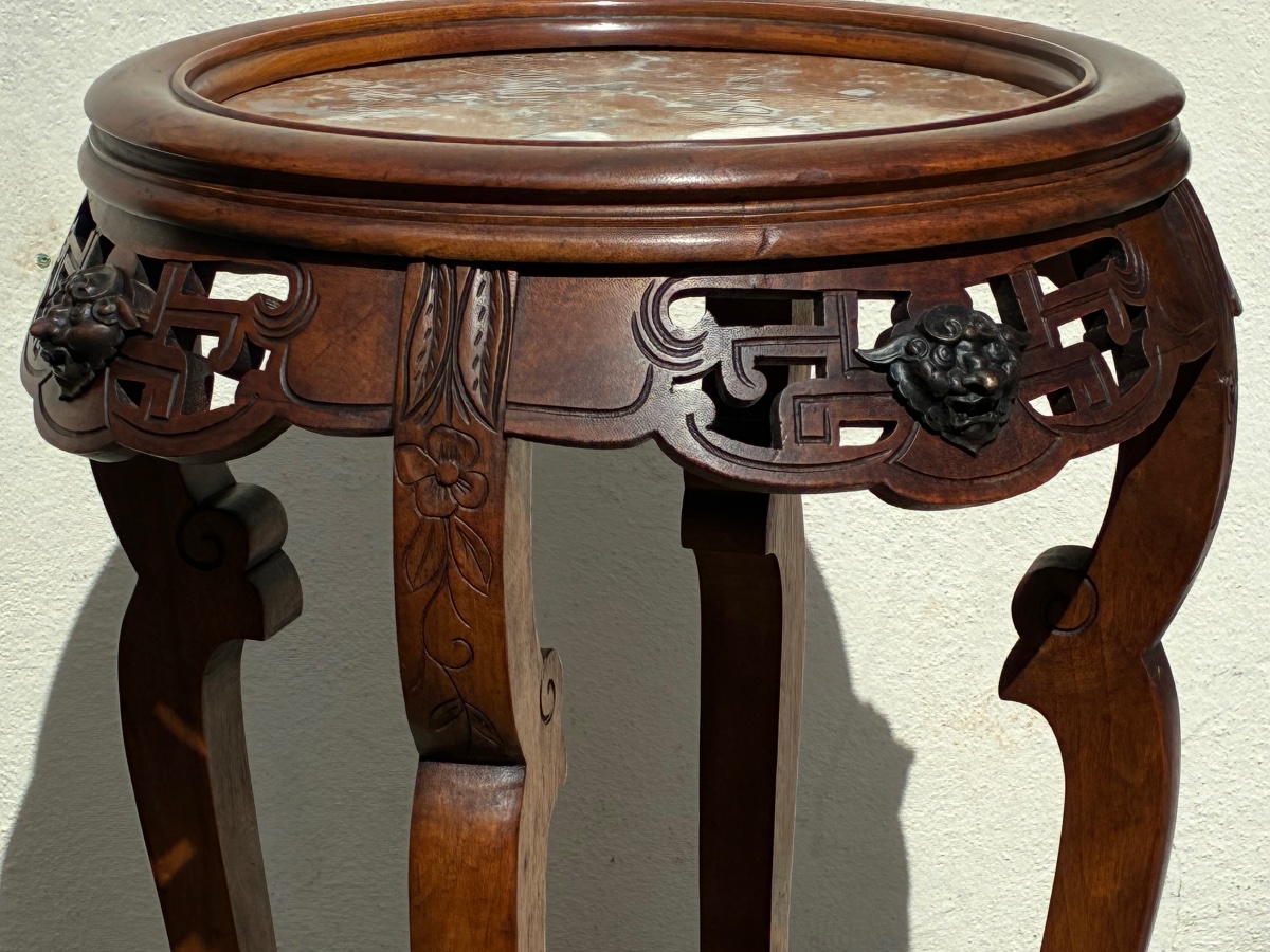 Guéridon Sellette Japonisant En Noyer Sculpté Ø 50 cm – Goût Gabriel Viardot – XIXe Siècle-photo-4